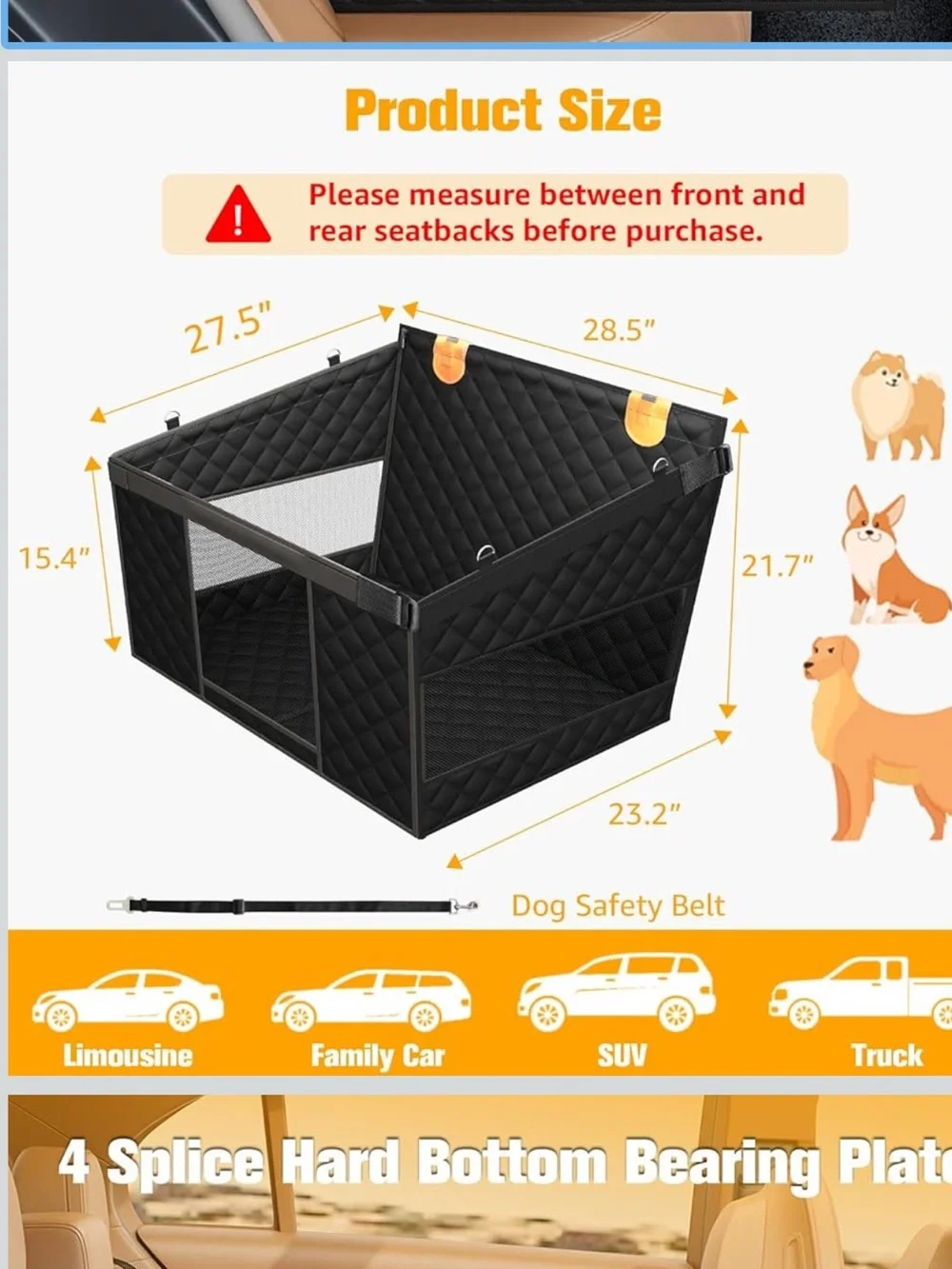 Black Quilted Dog Car Seat and Seat Extender and Safety Barrier for Back Seat
